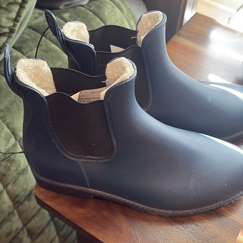 Navy Blue Ankle Rain Boots with Faux Fur Lining